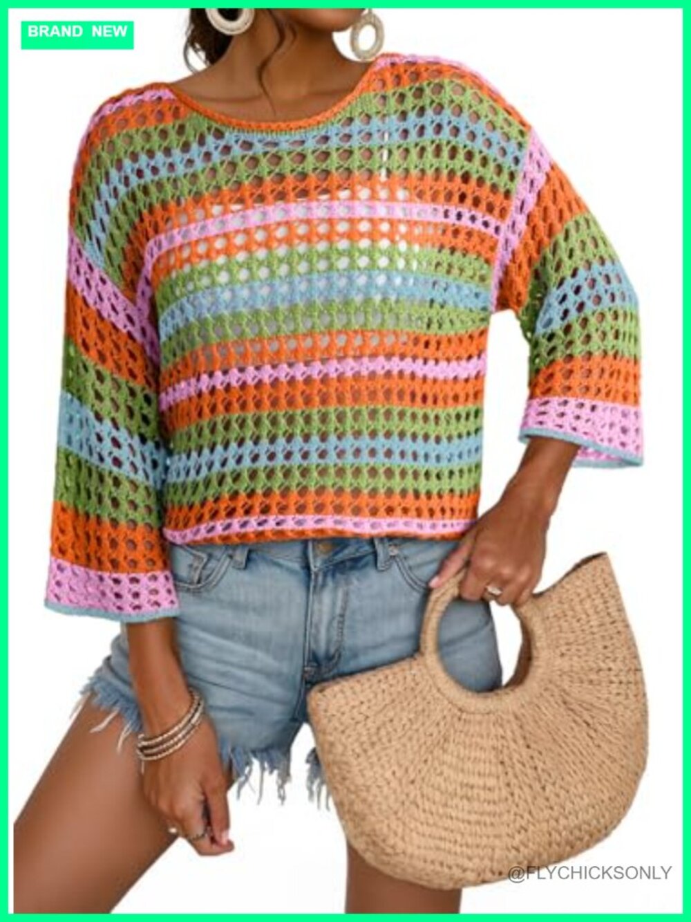 Crochet Sweater 3/4 Sleeve Color Block Striped Beach Cover Up